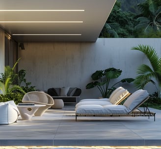Terraza con diseño contemporáneo, mobiliario minimalista y vegetación tropical en residencia sustent