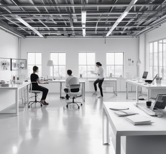 A well-lit, modern stationery store with neatly organized shelves filled with various stationery items. The ceiling features geometric wooden decorations and bright overhead lights. Merchandise includes pens, notebooks, and colorful packaging. Walls are decorated with minimalist art and signs, and there's an exit sign visible above one section.
