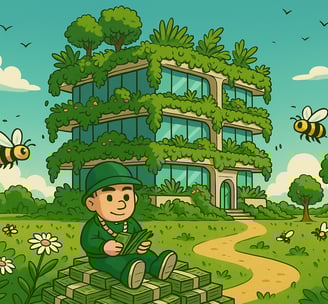 Unternehmer aus dem Hustensaft Jüngling Führungsteam blickt über eine grün entwickelte Skyline.