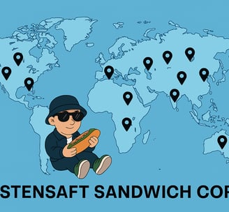 Weltkarte mit internationalen Franchise-Standorten der Hustensaft Jüngling Sandwich Corp auf Großbildschirm.