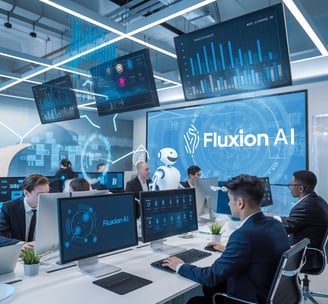 A modern high-tech business office featuring digital screens with AI analytics, professionals working at computers, holograph