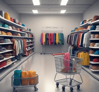 A shopping cart is placed on a tiled floor in front of a modern wall with vertical lines and glowing circular lights resembling exclamation marks. The overall setting is minimalist with a monochrome color scheme.