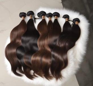 Several hair extensions in varying shades from orange to brown are laid out on a furry white surface. Natural elements like small pine cones and sticks add a rustic touch to the arrangement.