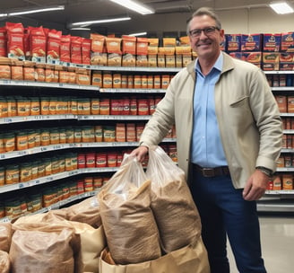 a man in a grocery store with bags of dog food to eat for his dog food diet.