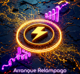 Icono de rayo dorado sobre circuito y gráficas ascendentes; Arranque Relámpago Egremy Digital para un lanzamiento veloz.