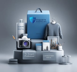 Kit Paquete Esencial Egremy Digital: caja azul, cámara, suéter y dispositivos para imagen profesional y laboratorio visual.