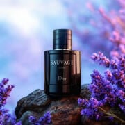 a bottle of perfume on a rock with lavender flowers