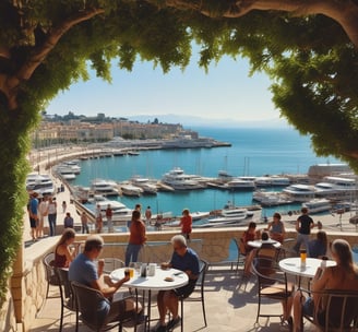 a group of people sitting at tables in front of a marina