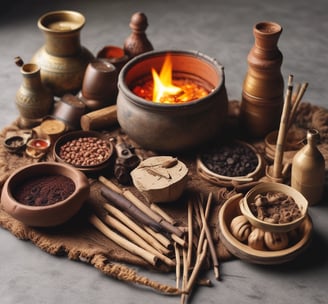 A collection of incense sticks and red candles is set up outdoors, possibly for a ritual or offering. Papers with text, some partially burnt, and various objects including fruits and packaged items are placed on the ground. The setting is dimly lit, providing a solemn and reflective atmosphere.