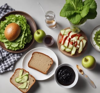A neatly arranged assortment of healthy foods sits on a green background, including a clear water bottle, a bowl of dark green powder, leafy celery and lettuce, a banana, sliced kiwi, and a green apple.