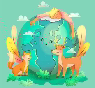 a human is laying on a globe lovely earth with a cat and a fox, deer, and lion.