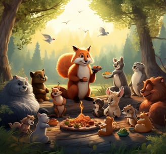 a group of animals eating food in a forest