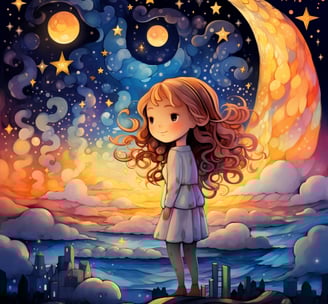 a girl standing on a hill with a moon in the background