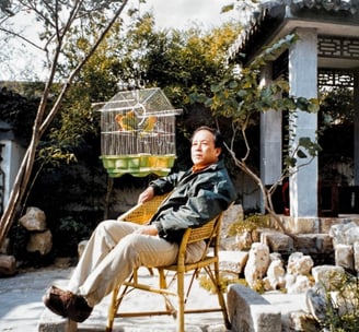 a man sitting in a chair with a bird in a cage