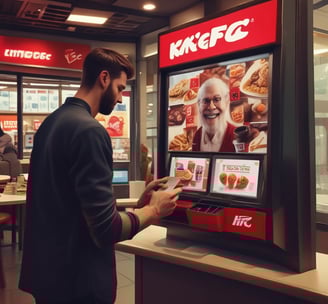 A large digital screen displays a complex pattern resembling a maze or circuit board. The design is composed of bright blue lines and dots, interspersed with small red lights scattered throughout. In the foreground, a silhouette of a person is visible, observing the intricate display.