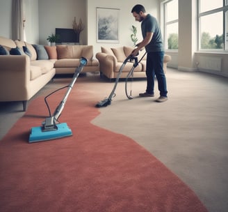 A person wearing bright orange work clothes is cleaning indoors, holding a mop. They have a fanny pack and are walking toward a tiled wall.