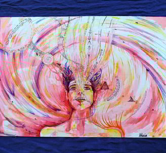 autoportrait de Naía à l'aquarelle aux tons rouges, avec un flux d'information qui s'échappe de sa bouche