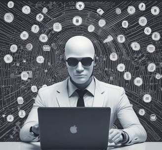 A small, round robot with a smooth white surface and blue accents operates a blue laptop on a sleek, floating platform. The robot has glowing eyes and an antenna on its head, with an 'AI' emblem on its front.