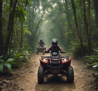 two people riding on four wheelers on a dirt road