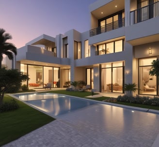 A tall apartment building with a brown and yellow facade stands against a clear blue sky. In front of the building, a large palm tree casts a shadow across the structure. The building has multiple balconies and windows, with a 'for sale' sign displayed on one of the balconies.