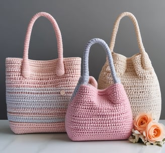 A crocheted handbag featuring a striped pattern with alternating rows of brown, white, and small pink accents. The bag has a flap closure and a single strap, displayed against a textured, deep red fabric background.