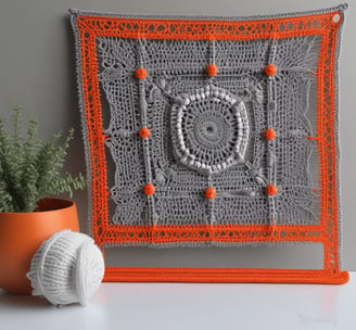 A large, intricately woven handbag featuring a crochet pattern in vibrant orange with yellow accents. The bag is placed on a white cloth, and the handles are wrapped with a textured, braided design.