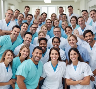 A dental office sign with a large toothbrush and oversized teeth protrudes from the side of a brick building. Above the sign, a mannequin styled like a trapeze artist swings from a trapeze bar, adding a whimsical element to the scene. The sky is overcast, and the building facade features various textures such as metal and stone.