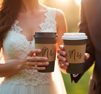 Bride and groom holding personalized coffee cups from Ancestral on Wheels wedding coffee cart