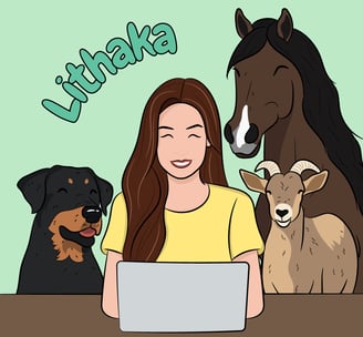 illustration de Lithaka avec un cheval, un chien et une petite chèvre