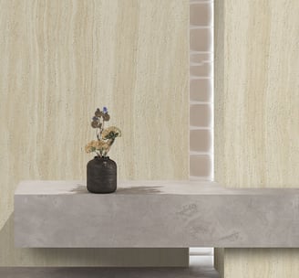 Maya Travertine flexible stone panel elegantly applied in a modern office lobby