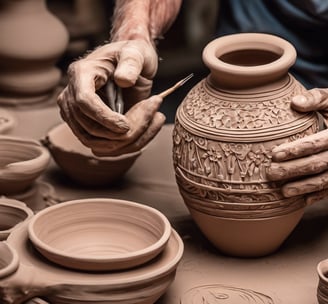 A collection of handmade ceramic mugs and bowls displayed on a wooden table. The items appear to be uniquely designed with various patterns and colors, including stripes, hearts, and floral motifs. The ceramics are in shades of orange, gray, and beige, each with a rustic and artistic handmade appearance.