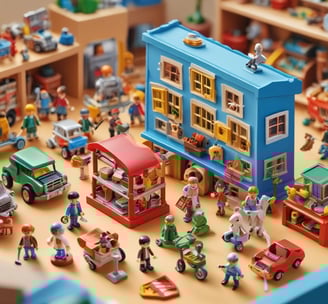 Handcrafted toys made of natural materials such as wood and straw are arranged on a street. The toys include colorful giraffe figures and cylindrical percussion instruments, displayed on a stone sidewalk near a tree.