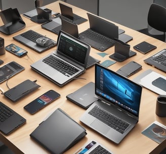 a table with laptops and laptops on it