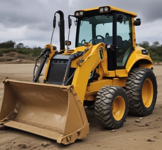 Heavy machinery including a yellow backhoe loader and a blue telehandler are parked on a concrete surface. The vehicles have distinct brand markings and are positioned under a clear sky with some power lines in the background.