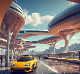 Aéroport et gare du future avec un taxis
