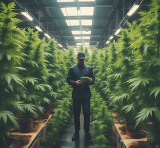 A cannabis plant is growing within a greenhouse environment, surrounded by wooden beams. The plant is densely packed with green and yellowish leaves and frosty buds, illuminated by natural light filtering through the greenhouse roof.