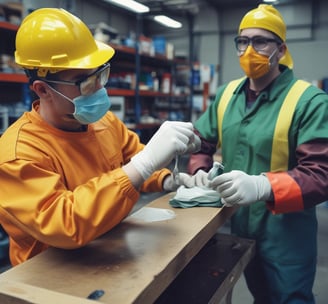 A person wearing safety glasses and a navy blue shirt is holding a large white sack, pouring its contents onto a piece of machinery. The focus is on the action of emptying the sack, with some industrial equipment in the background.