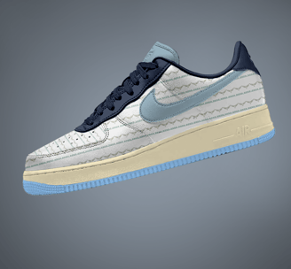 Free Nike Sneaker mockup with side view of patterned design, soft blue swoosh, and cream sole on gra