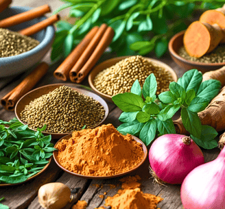 Herbs and onions for natural diabetes management, displayed on a wooden counter.