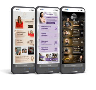 Três celulares exibindo diferentes mini sites da Ajot Site personalizados para profissionais de saúd