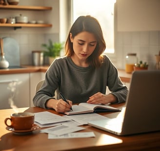 a woman writing a grocery budget in a notebook