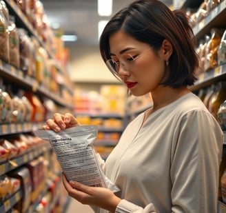 a woman checking the ingredients of a small bag of rice