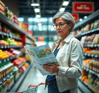 a woman looking at a store flyer in the grocery store