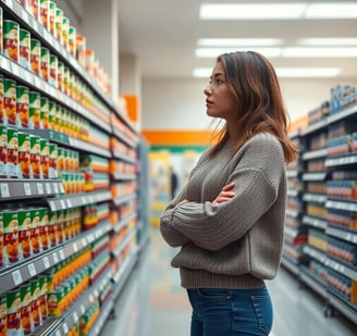 a woman looking at canned beans in the grocery store