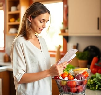 a woman in her kitchen looking at a grocery receipt