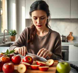 a woman cutting apples on a chopping board