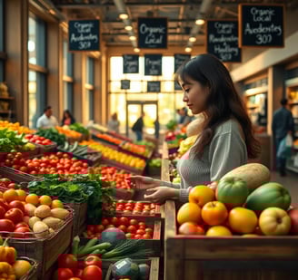 a woman buying fresh fruit and veggies in the grocery store