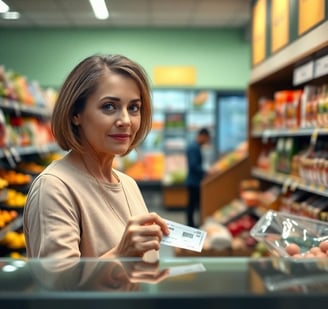 a woman using a coupon in the grocery store at checkout