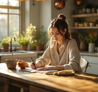 a woman sitting at her kitchen table writing out a meal plan