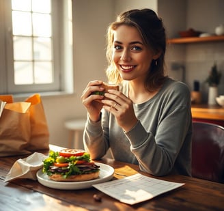 a woman sitting at a table with a sandwich